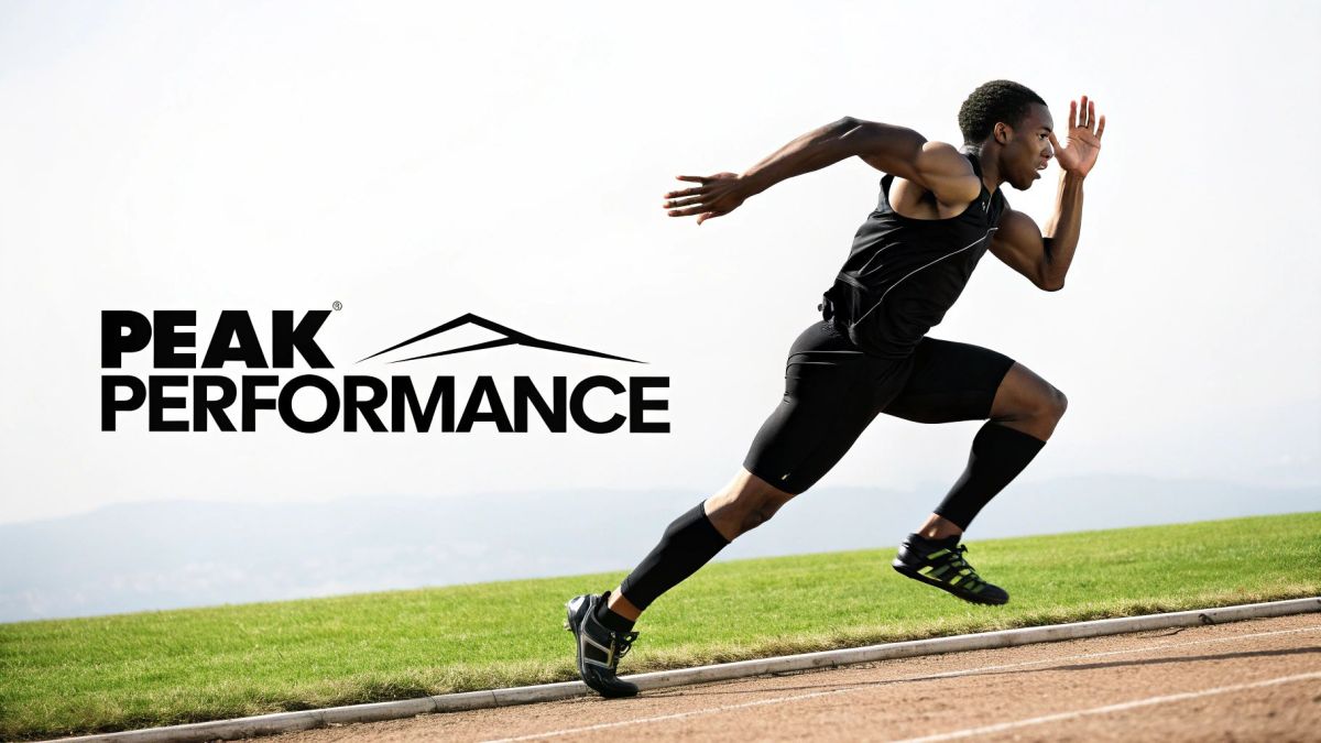 A focused male athlete sprints on a track, wearing black sportswear, with the 'Peak Performance' logo.