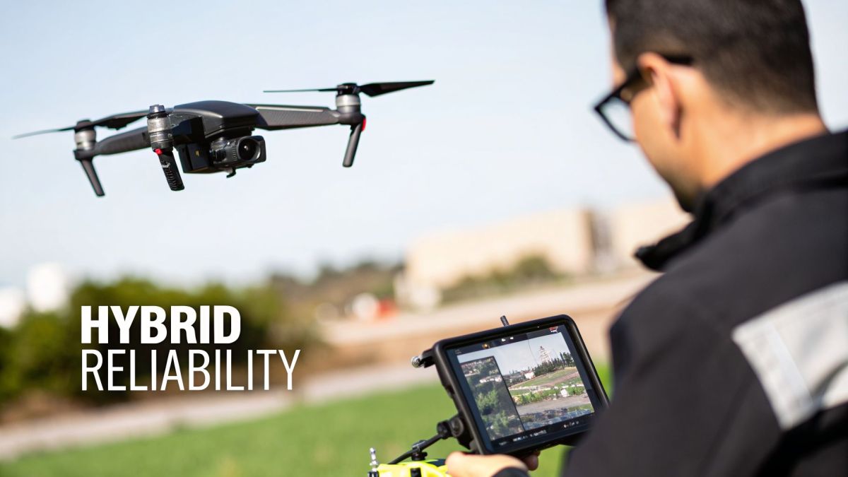 A person outdoors operating a drone with a tablet displaying its aerial view. Hybrid reliability.