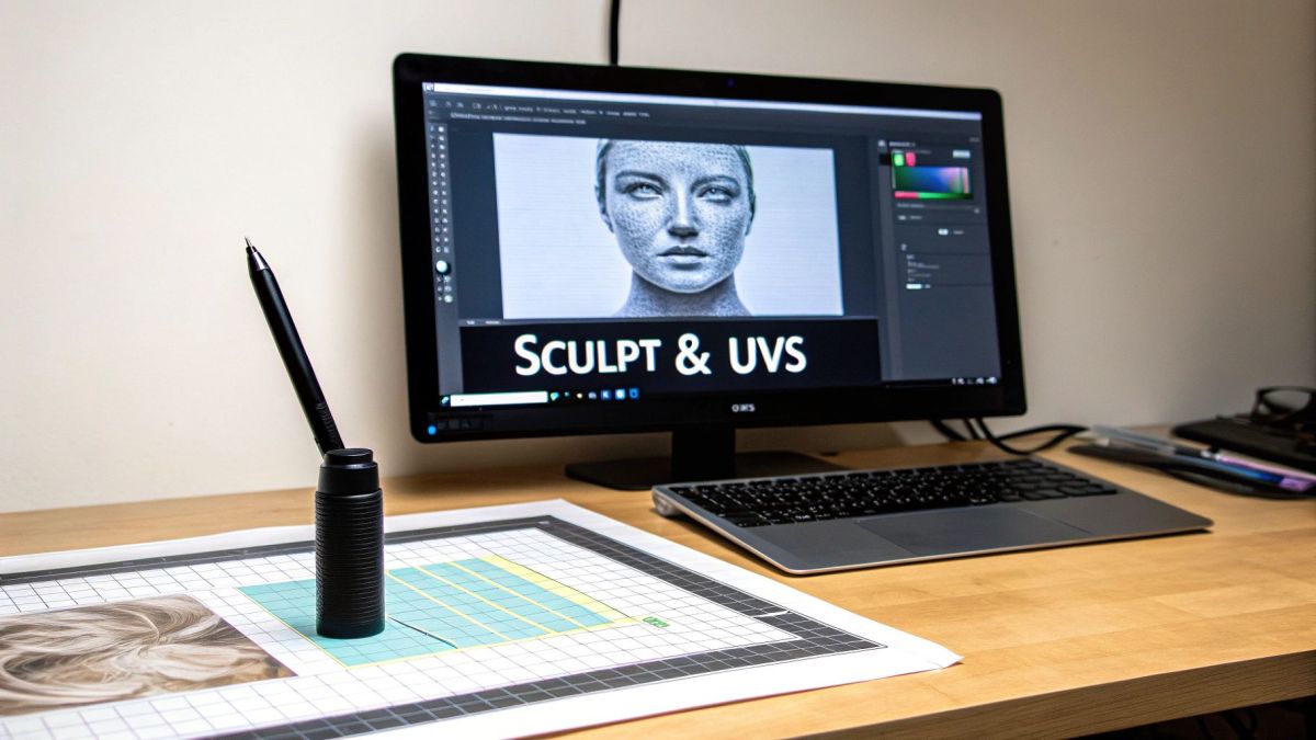 A creative workspace with a computer monitor displaying a 3D sculpted face model and a stylus pen.