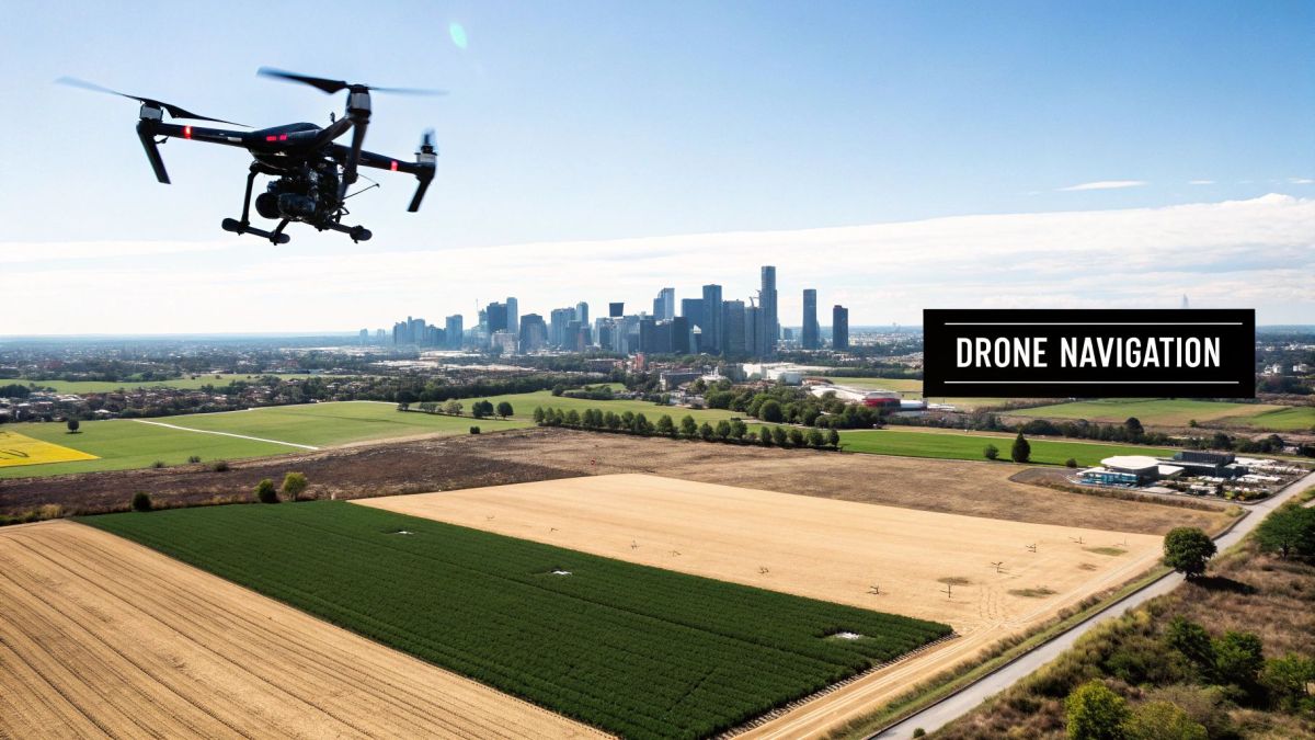 A drone flies over lush green and golden fields with a distant city skyline under a clear sky.