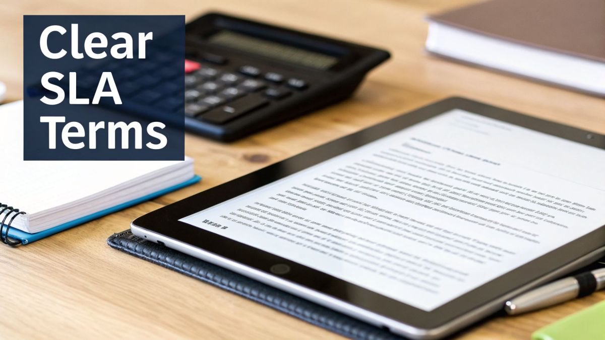Desk setup with a tablet displaying a document, a notebook, and a calculator, featuring 'Clear SLA Terms'.