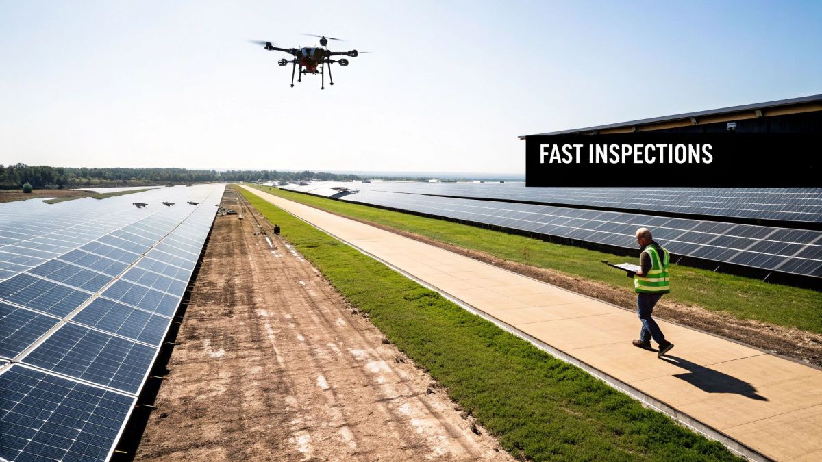 A drone flying over a large solar farm for inspection