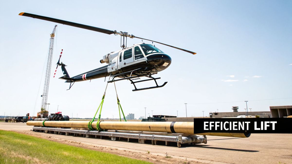 A black and white helicopter uses green straps to lift a large yellow pipe.