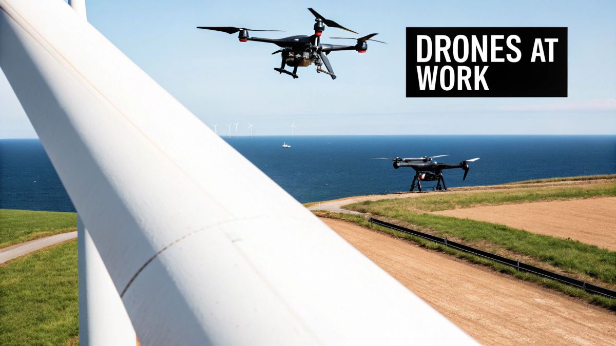 Industrial drones inspecting offshore wind turbine farm for maintenance and monitoring operations