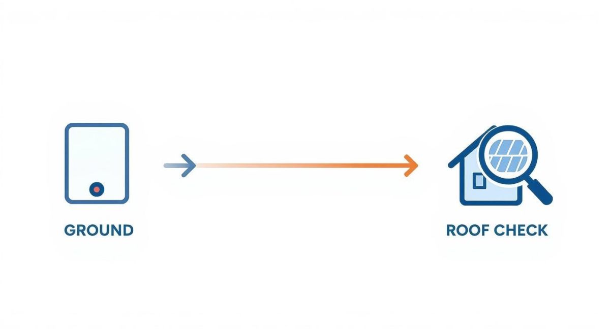 Illustration showing a ground observation leading to a comprehensive roof inspection for solar panel suitability.