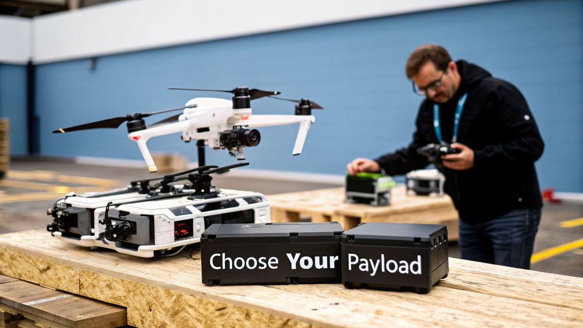 A man inspects various drone types and modular payload systems on a wooden platform.