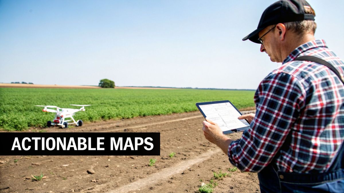 Farmer uses a tablet to control a drone for actionable agricultural mapping in a green field.