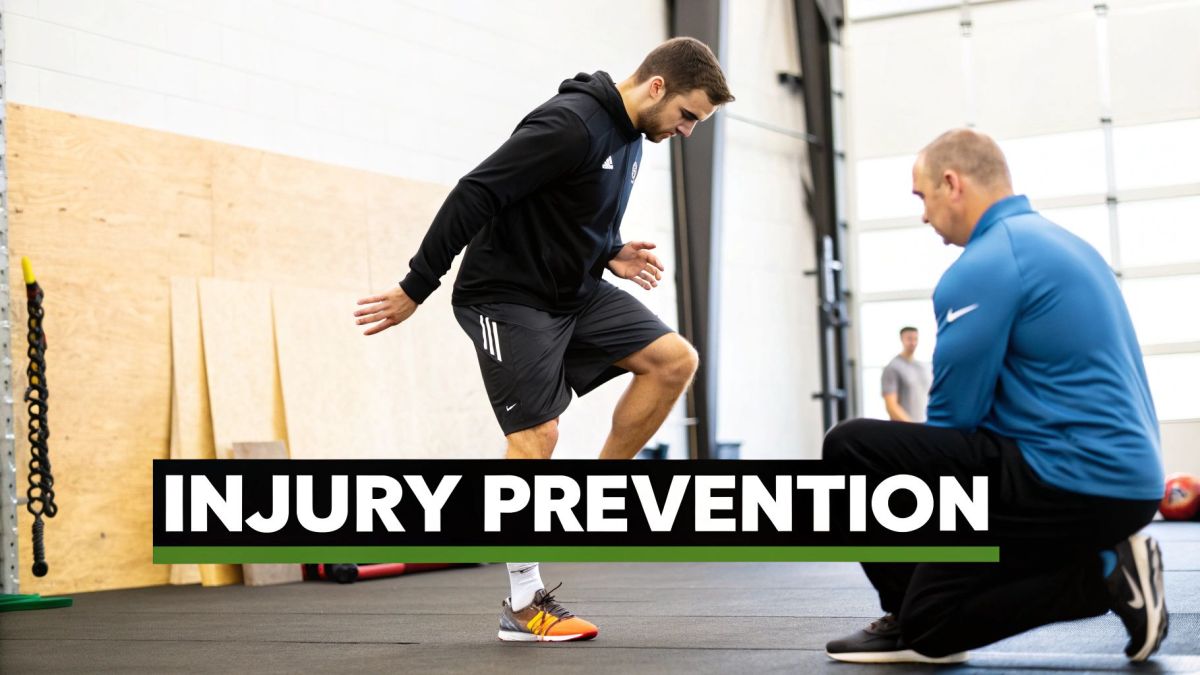 Two men in a gym, one performs an exercise while another observes, for injury prevention.