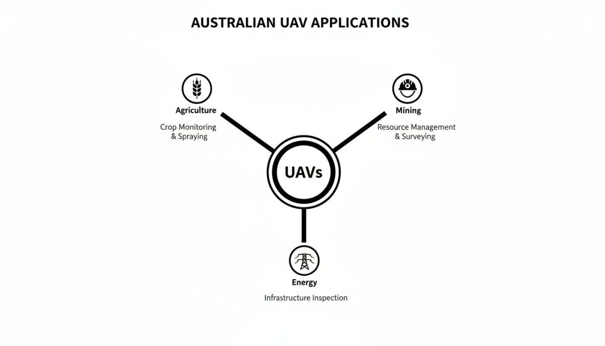 Diagram illustrating Australian UAV applications across agriculture, mining, and energy sectors.