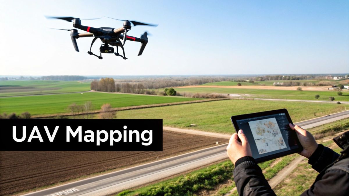 A drone flying over green fields while a person uses a tablet for UAV mapping.