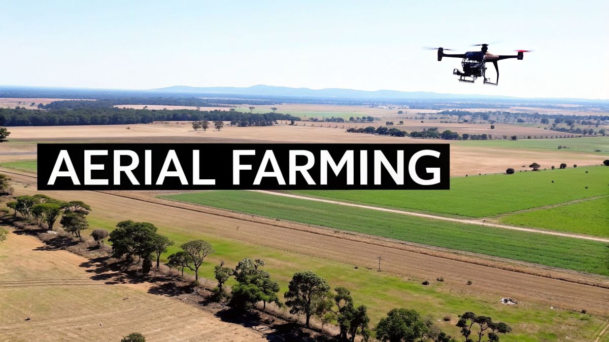 An aerial view of vast farm fields with a drone flying above, featuring a banner that reads 'AERIAL FARMING'.