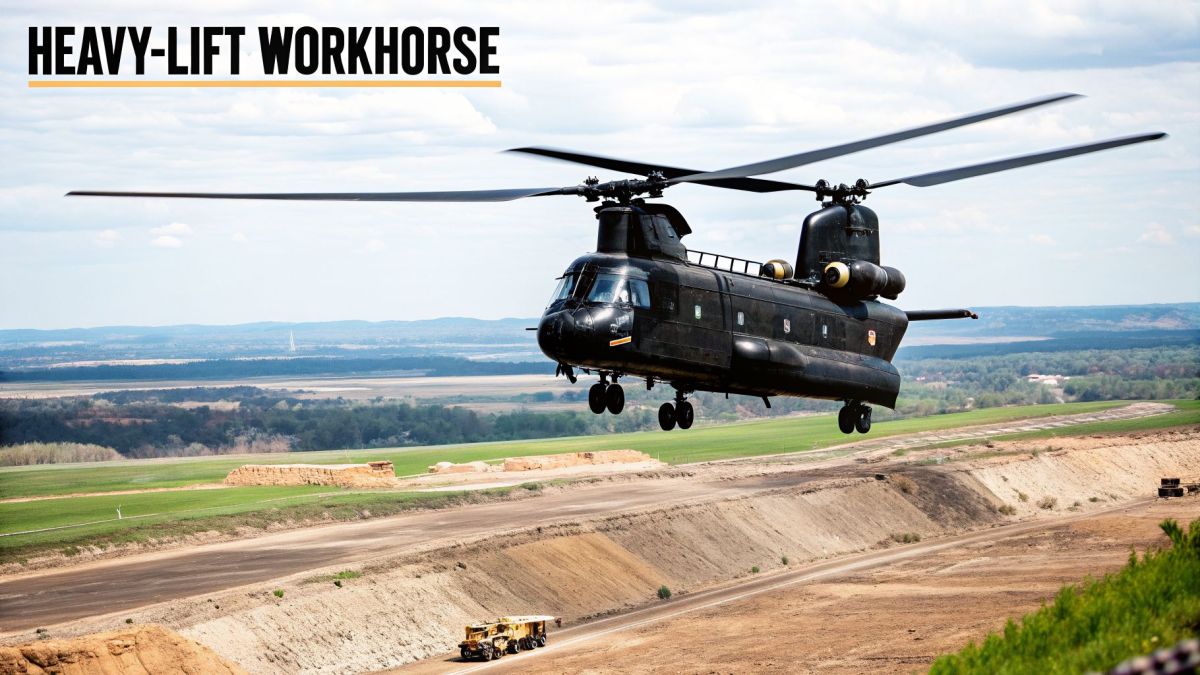 A powerful dark military twin-rotor helicopter hovers over a rural landscape with a dirt road.