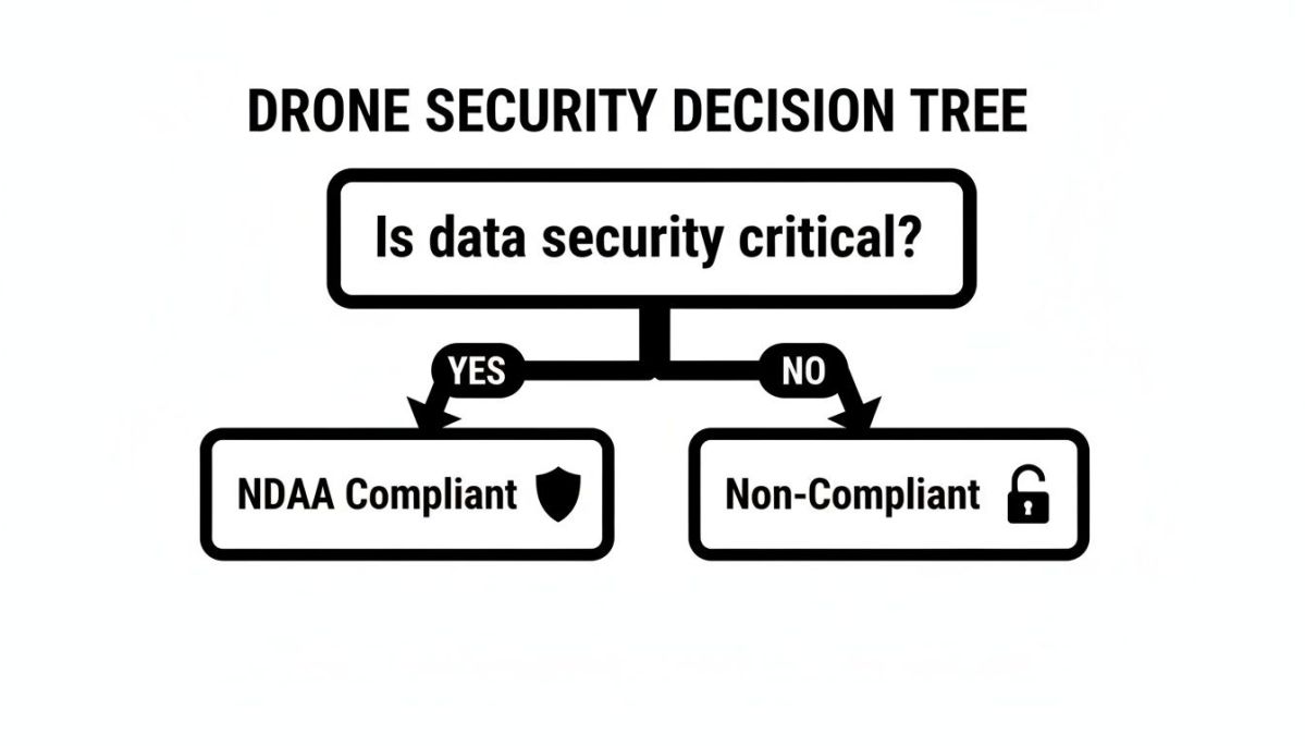 Drone security decision tree flowchart illustrating choices based on data security criticality, leading to NDAA compliant or non-compliant drones.