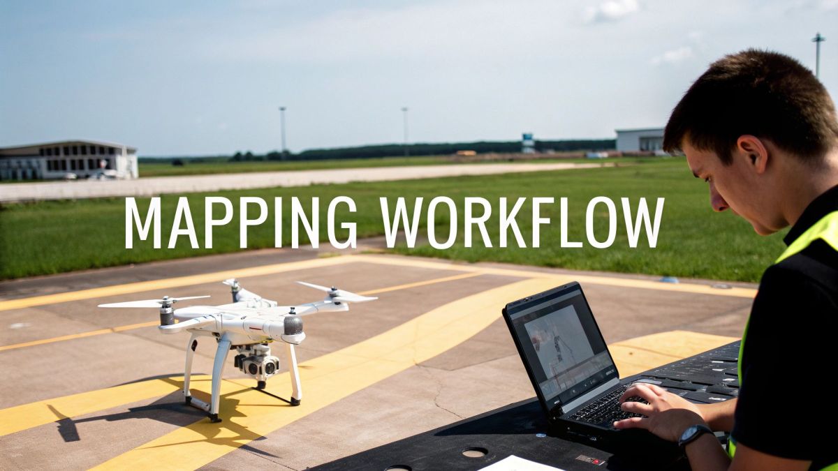 A person operates a laptop next to a white drone on an airfield, demonstrating a mapping workflow.