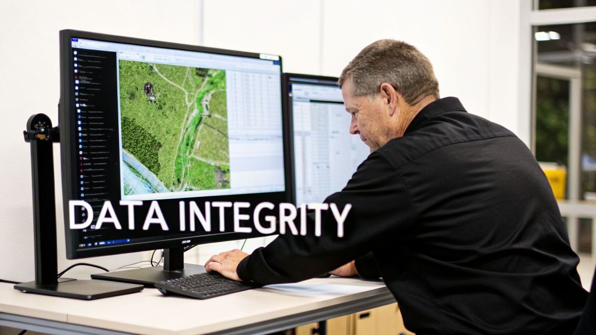 A man works on computers displaying aerial imagery and the text 'DATA INTEGRITY'.