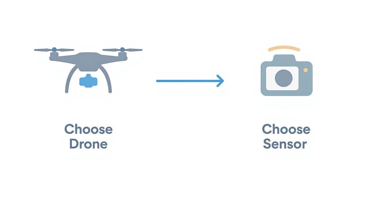 Icons showing a drone, an arrow, and a camera, representing choosing a drone and then a sensor.
