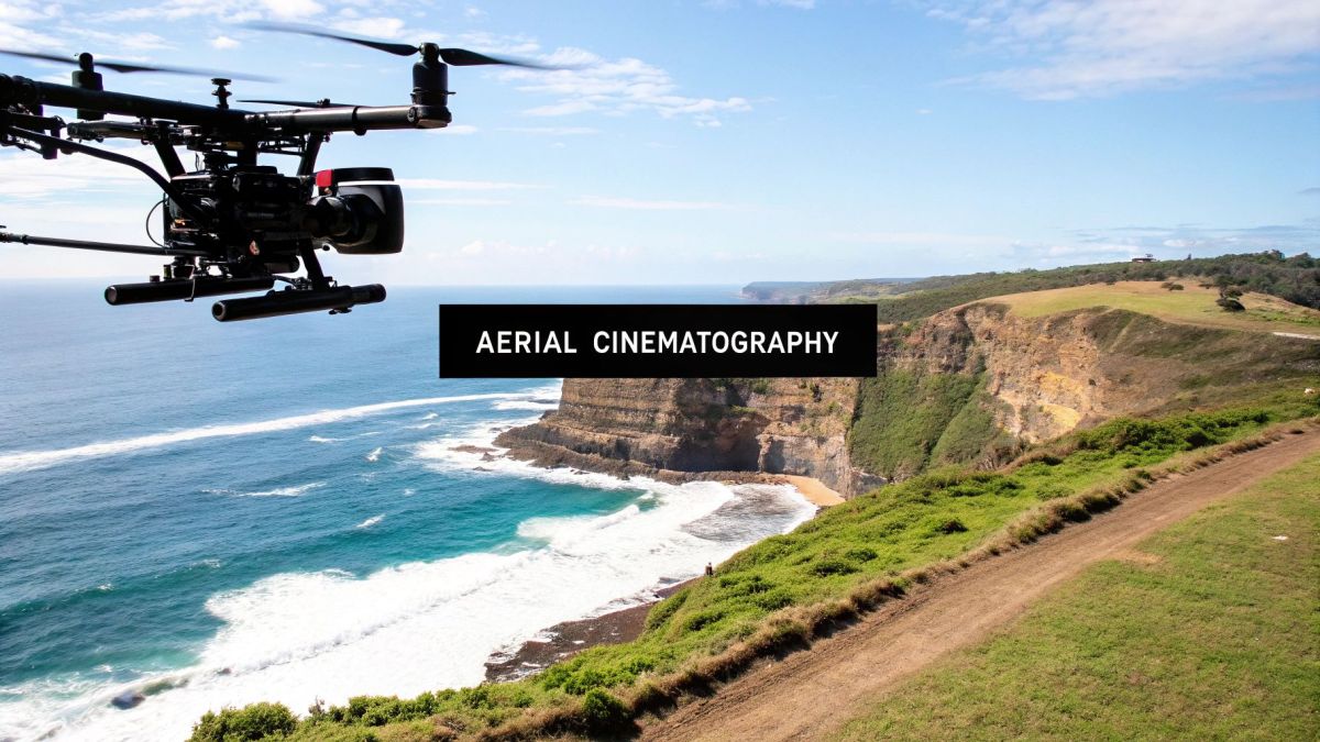 A professional drone with a camera rig flying over a beautiful coastline with cliffs, a beach, and the ocean, displaying 'AERIAL CINEMATOGRAPHY'.