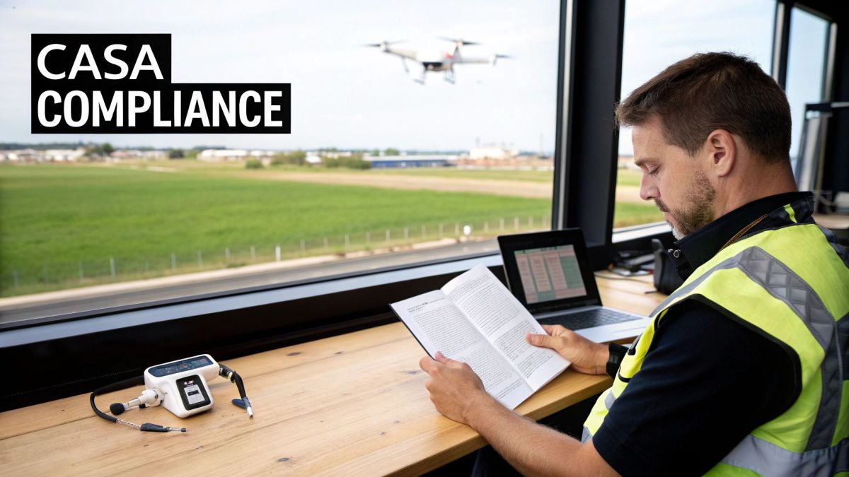 A CASA representative inspecting a long-range drone.