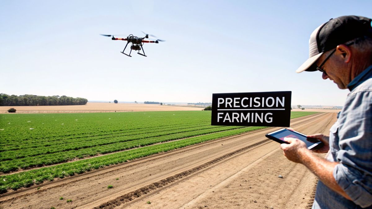 A farmer controls a drone with a tablet over a lush green field, next to a