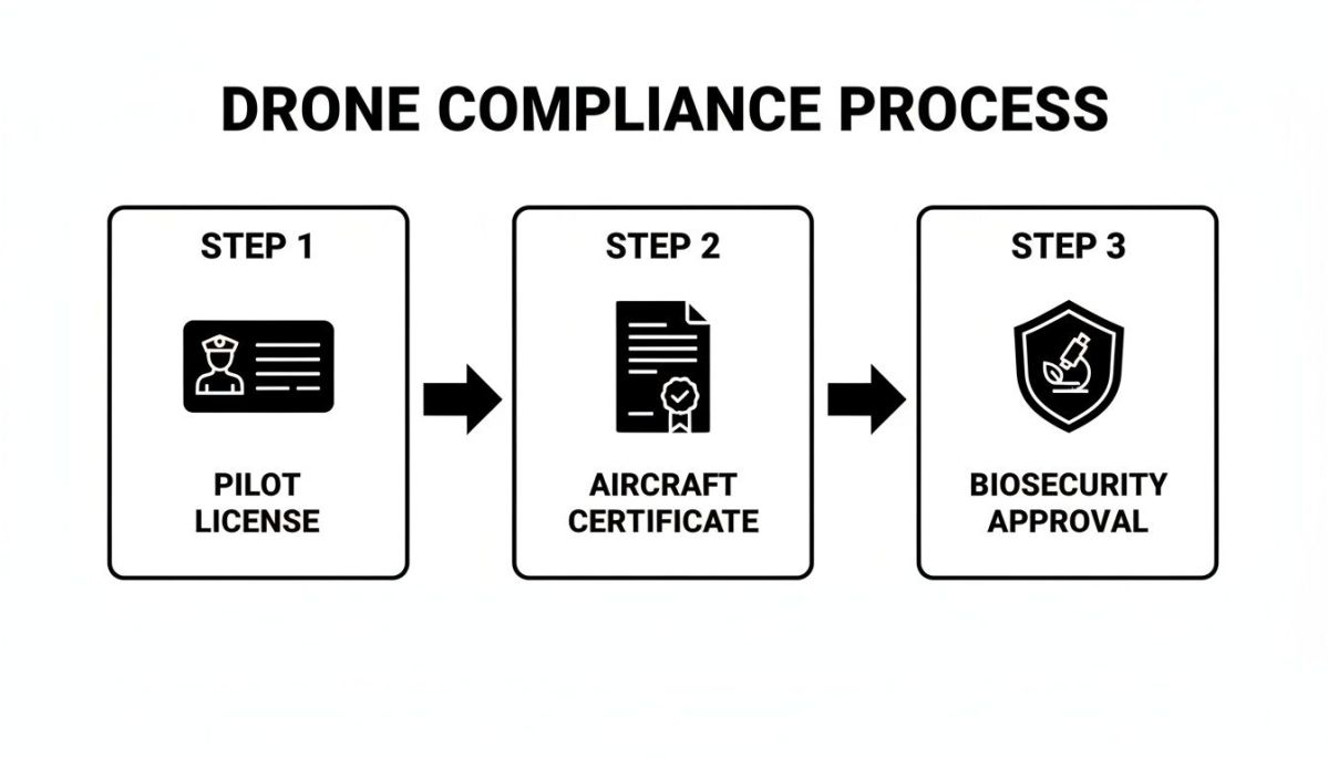 Diagram showing a three-step drone compliance process: pilot license, aircraft certificate, and biosecurity approval.