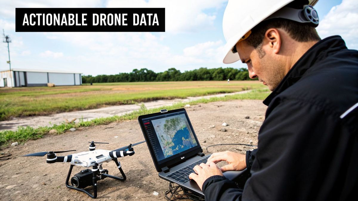 A worker in a hard hat uses a laptop to analyze drone data in a field with a drone nearby.