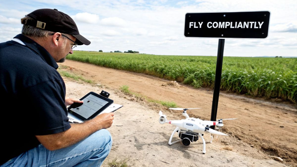 Man uses a tablet to operate an agricultural drone near a