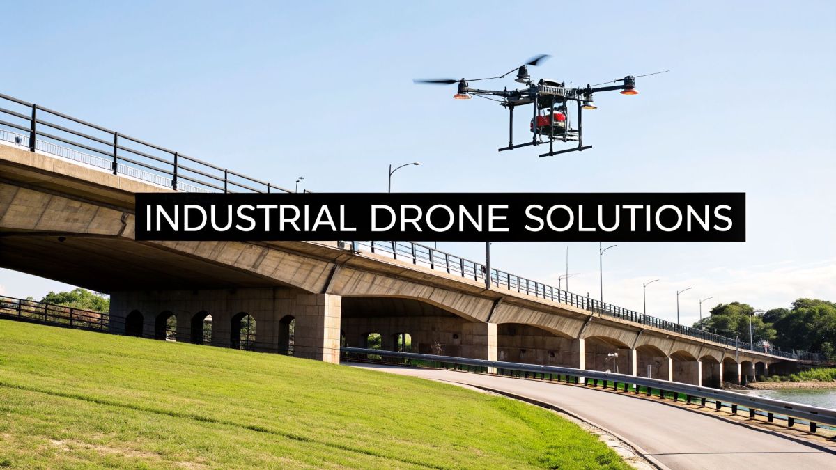 An industrial drone flies near a concrete bridge over water, highlighting a drone solution.