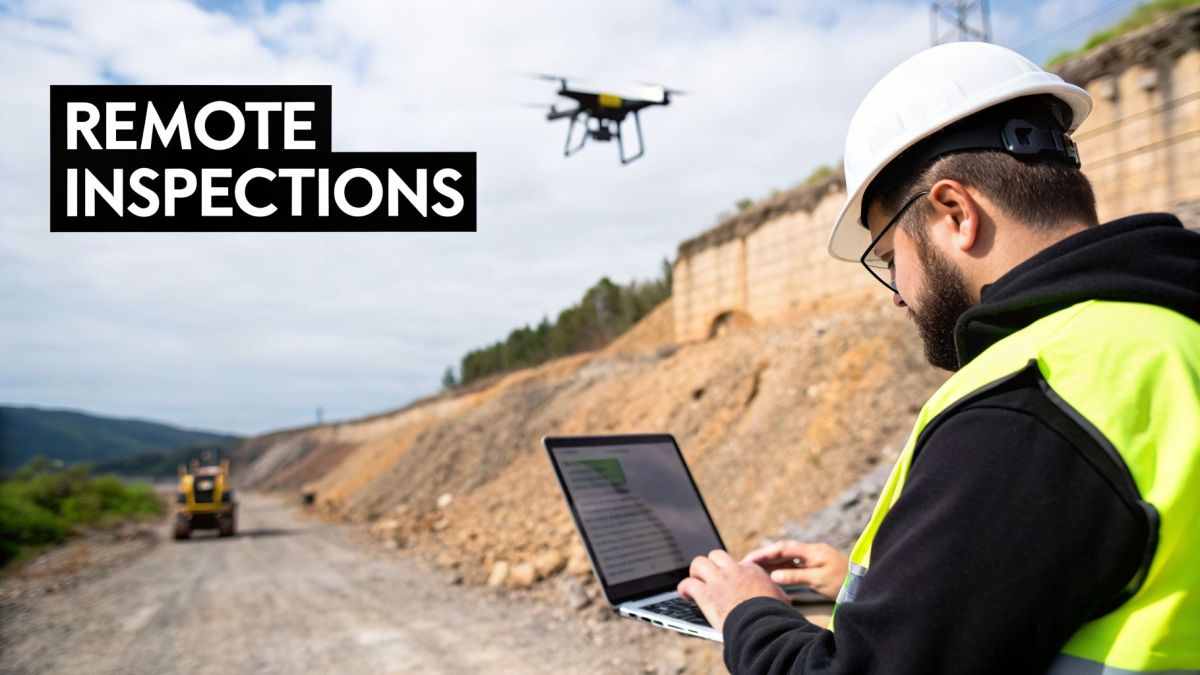 A man in a hard hat operates a laptop while a drone flies over a mining site for remote inspections.