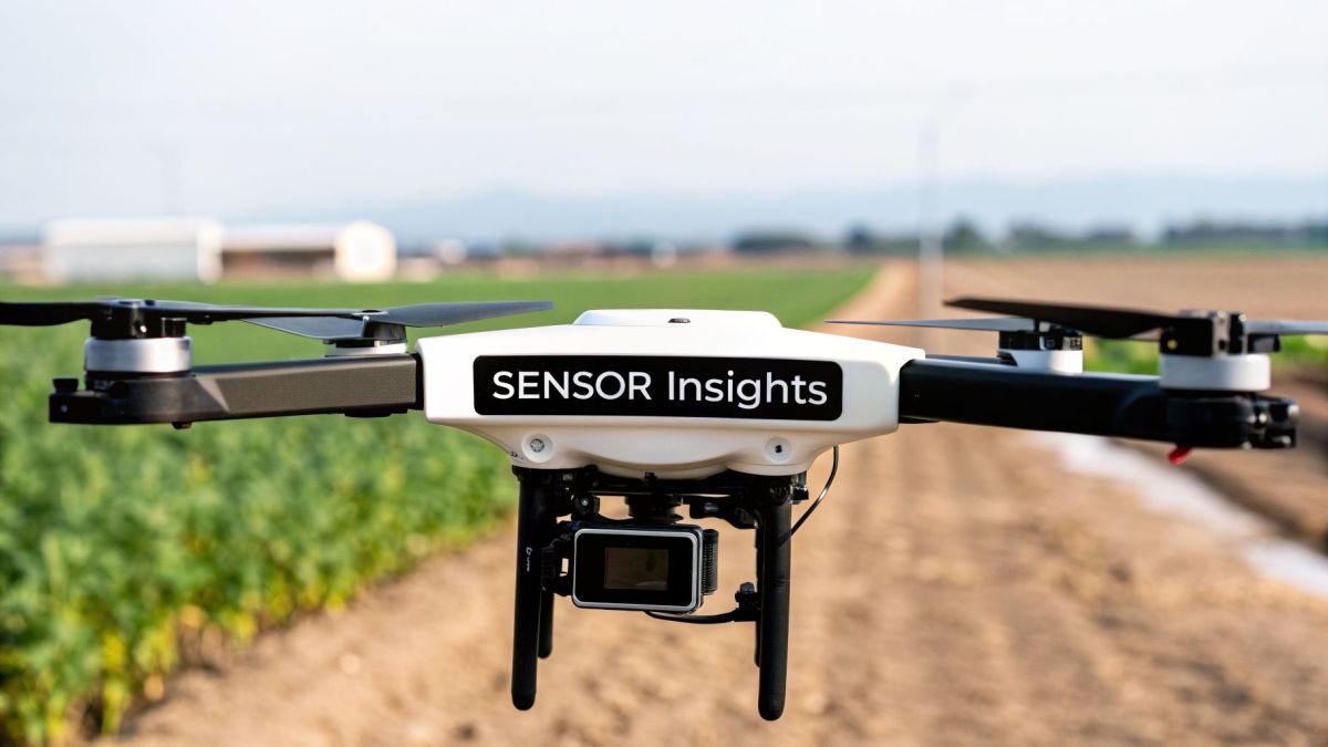 A white 'SENSOR Insights' drone with a camera flying over a lush green agricultural field.