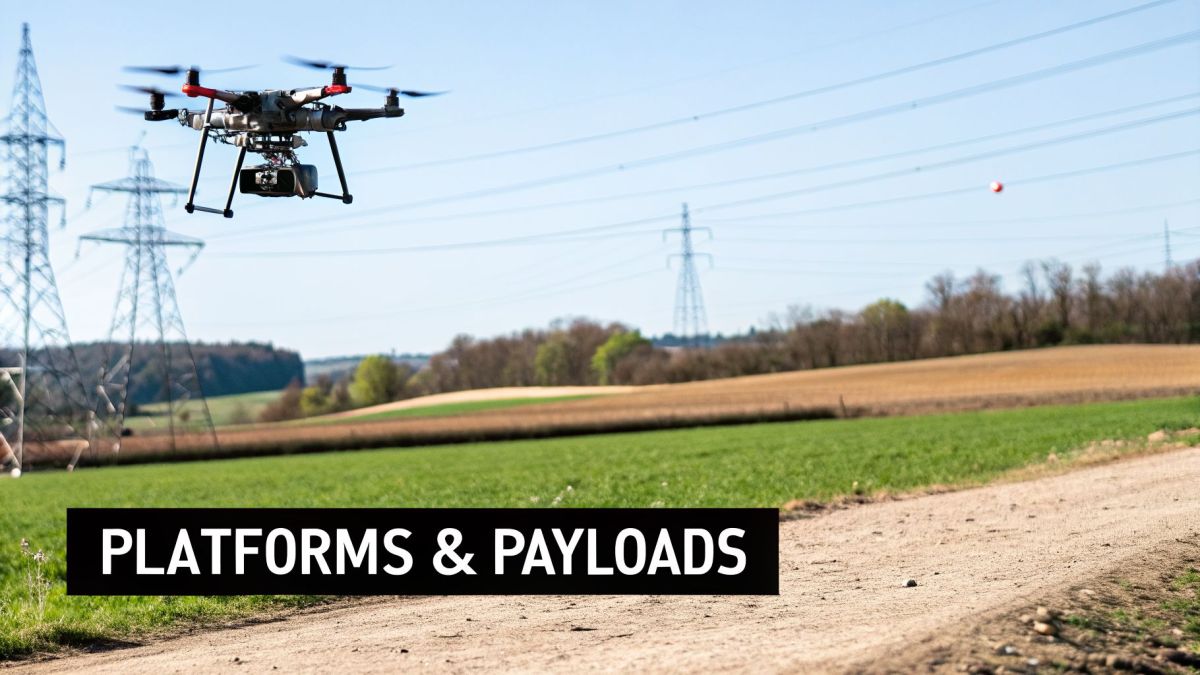 A drone equipped with a camera flying over green fields near power lines and electricity pylons.