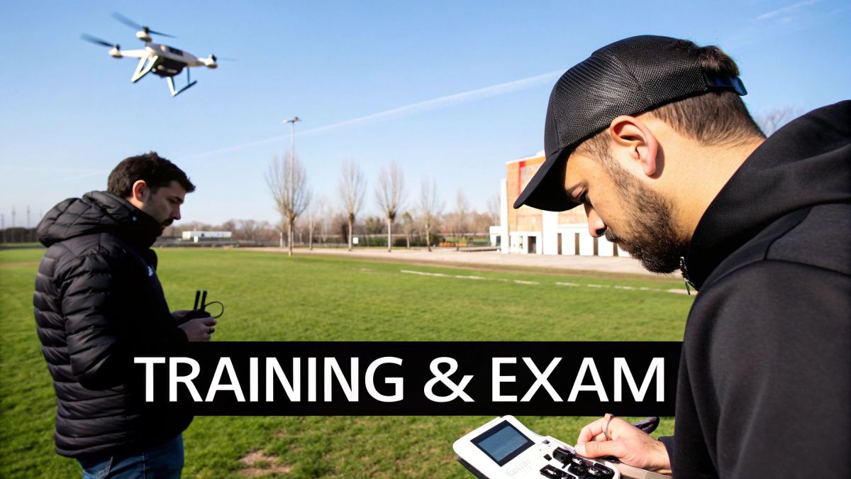 Two men operate drone remote controls in a field, a drone flying overhead, for training and exam.