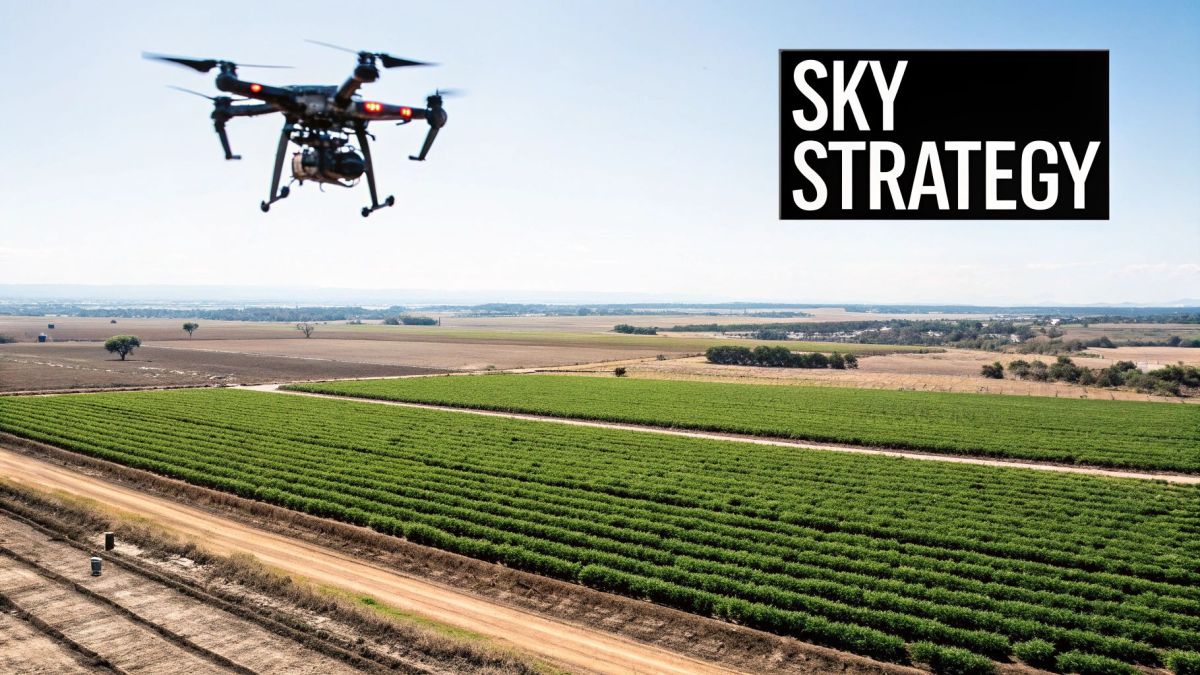 A drone flying over a green agricultural field in Australia, showcasing commercial use.