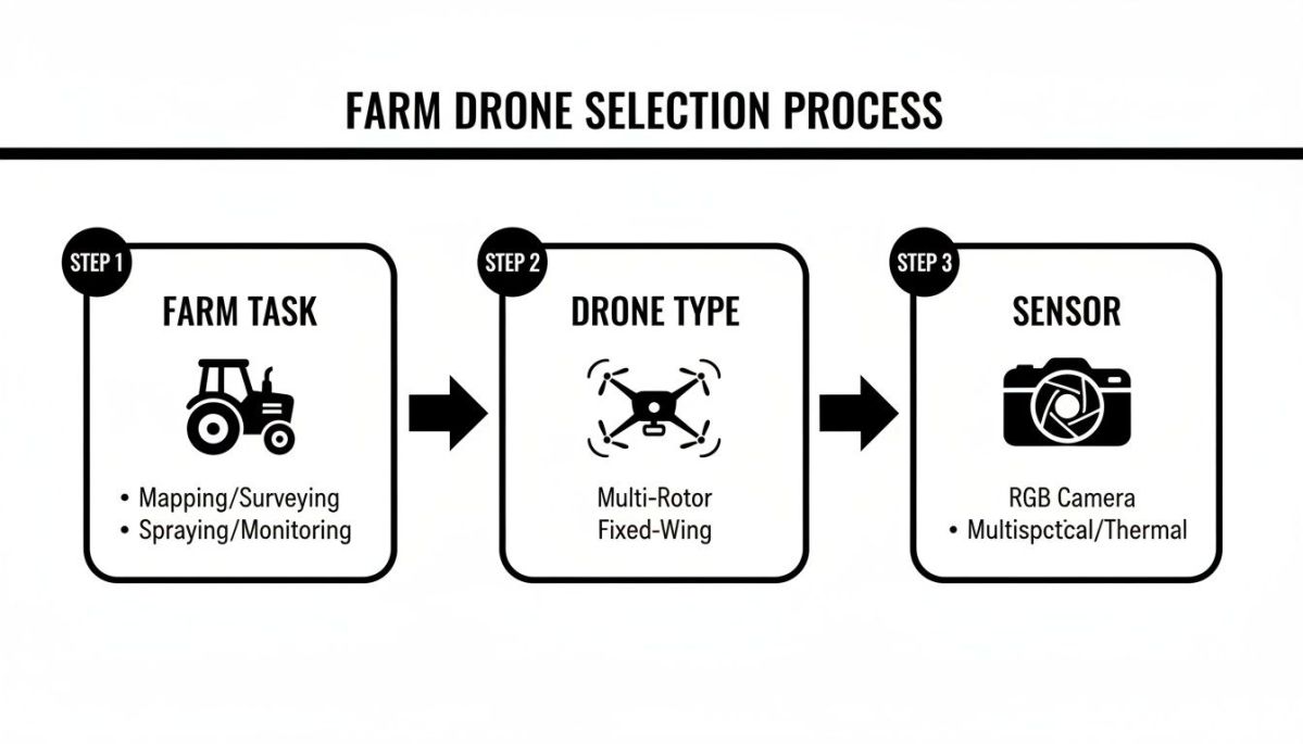 Flowchart illustrating the farm drone selection process based on task, drone type, and sensor.