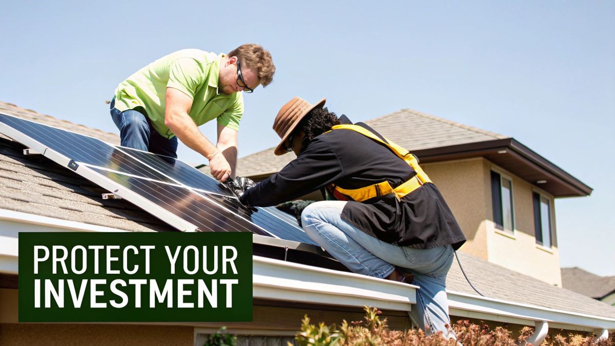 Two technicians installing or inspecting solar panels on a residential roof under a blue sky.