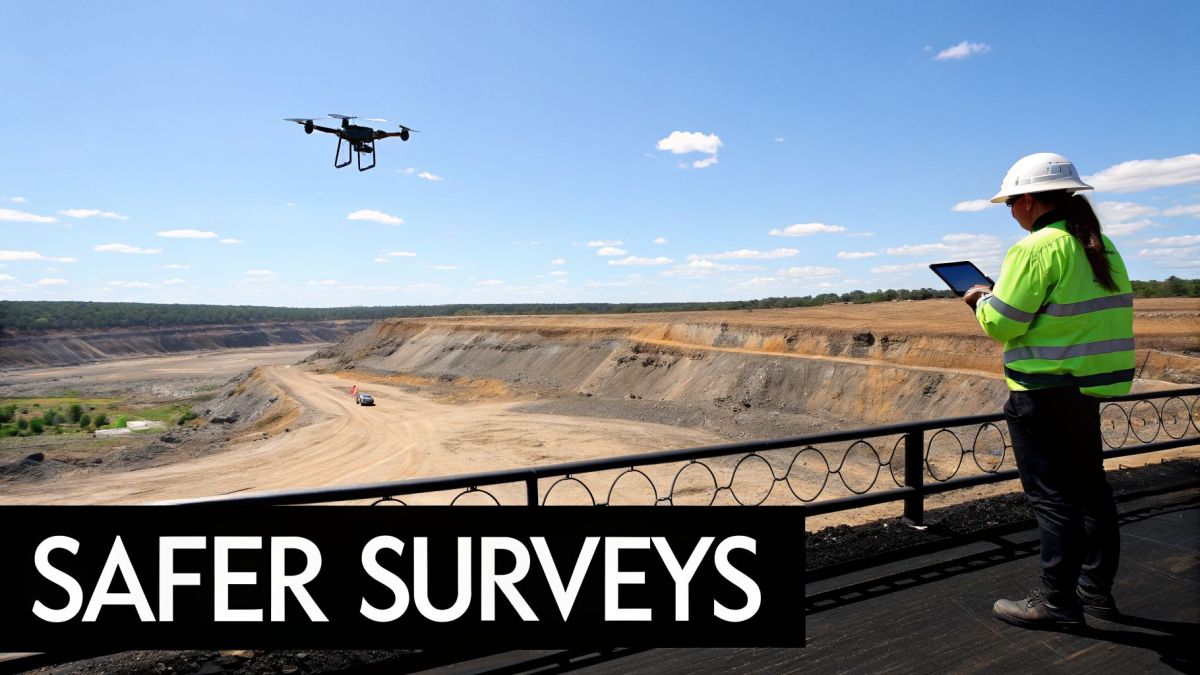 A surveyor in a hard hat controls a drone with a tablet over an open-pit mine for safer surveys.