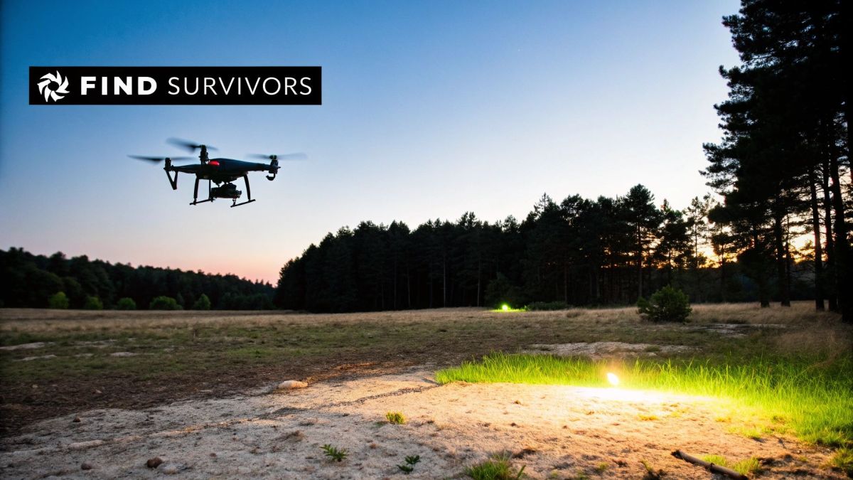 A drone flying over a field at dusk with bright lights on the ground, searching for survivors.