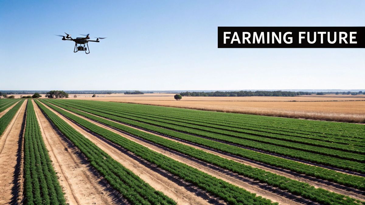 A drone flies over lush green crop fields, with a dry field and trees in the background.
