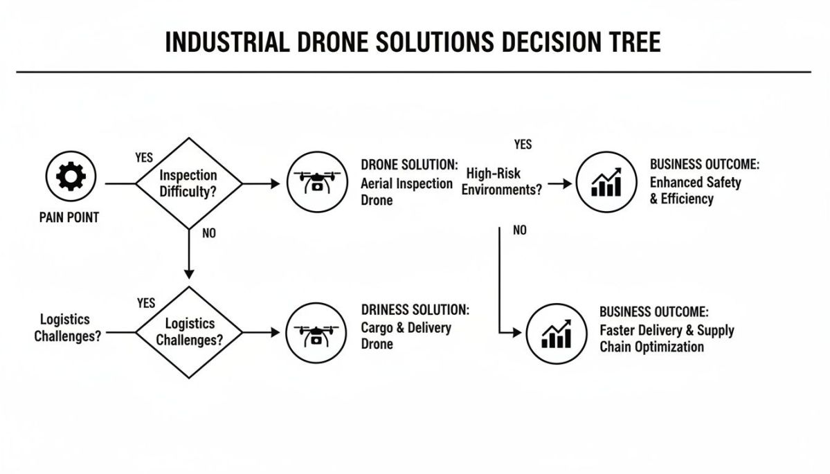 Decision tree illustrating industrial drone solutions for inspection and logistics challenges, leading to business outcomes.