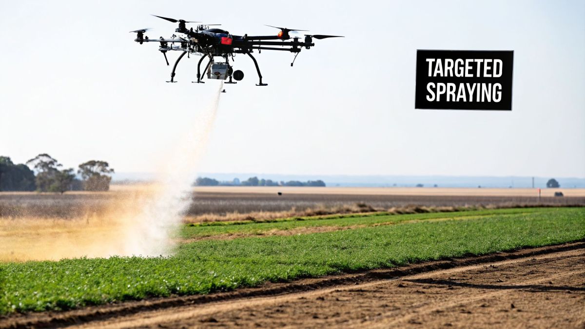 A large black agricultural drone sprays liquid onto vibrant green crops in a sunny field, demonstrating targeted spraying technology.