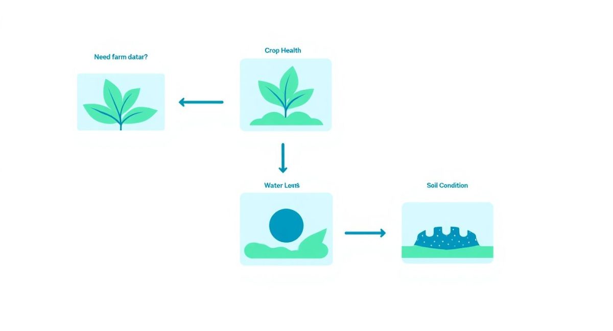 Flowchart illustrating farm data monitoring: crop health, water levels, and soil condition.