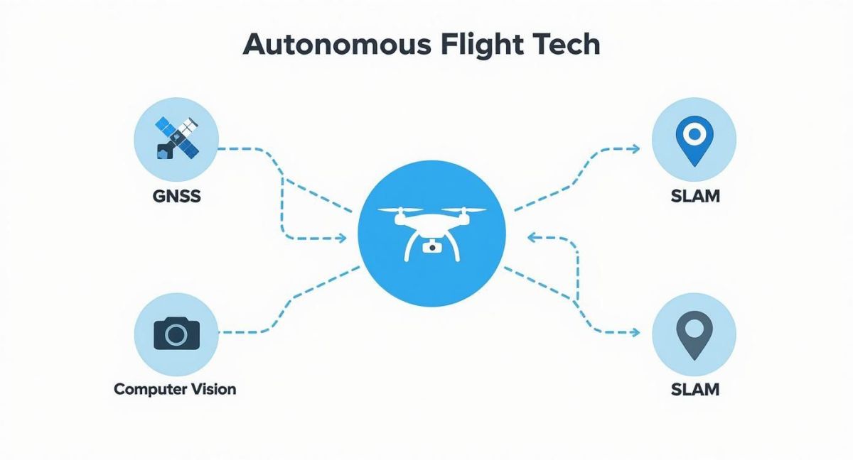 An illustration of technologies enabling autonomous drone flight, including GNSS, Computer Vision, and SLAM.