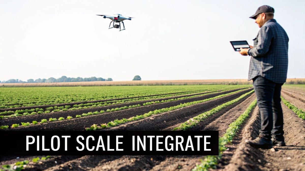 A team in a field operating a drone, representing a practical framework for technology adoption.