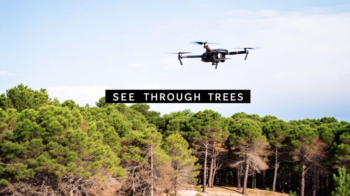 An aerial drone with multiple propellers hovers over a lush green forest, visible against a blue sky.