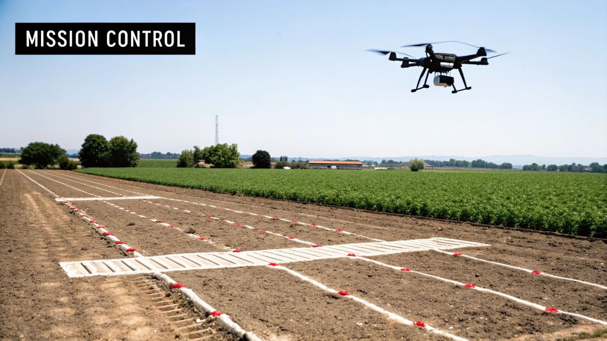 A drone flies over an agricultural field with experimental crop rows and green plants, under a clear sky.