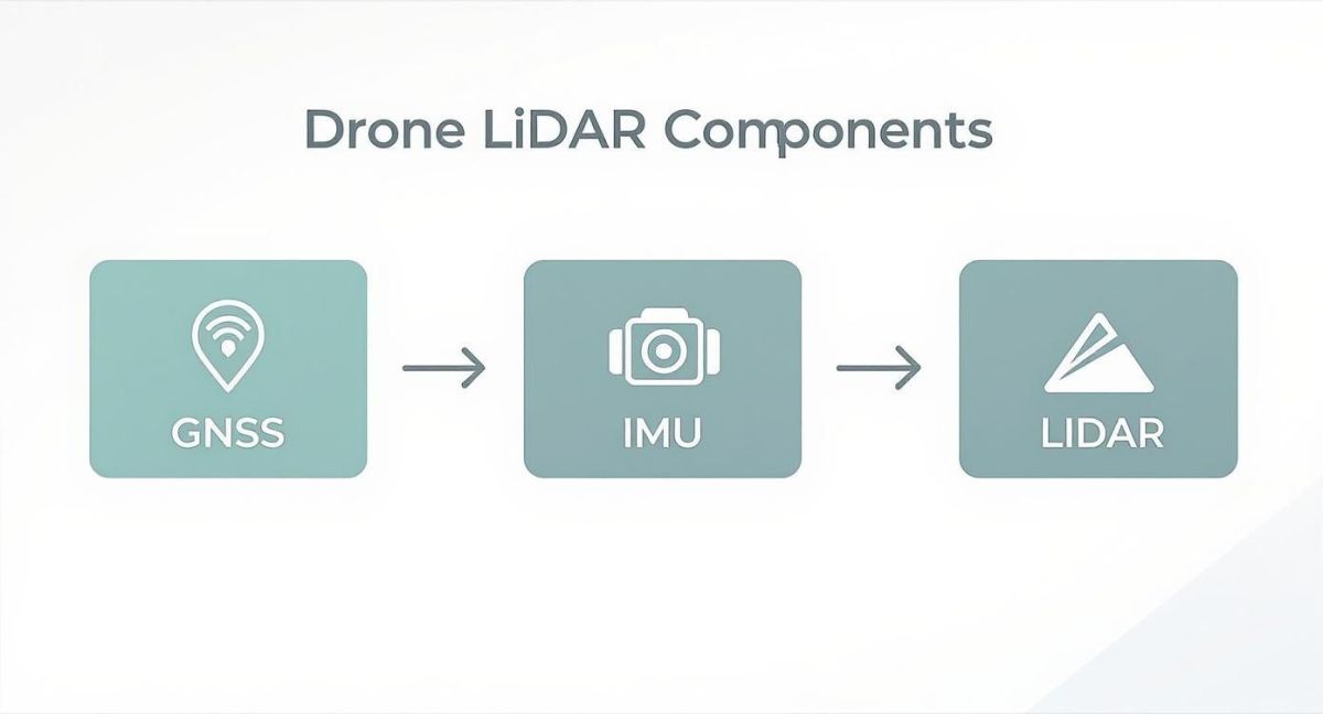 Diagram showing the essential components of a drone LiDAR system: GNSS, IMU, and LiDAR, connected by arrows.