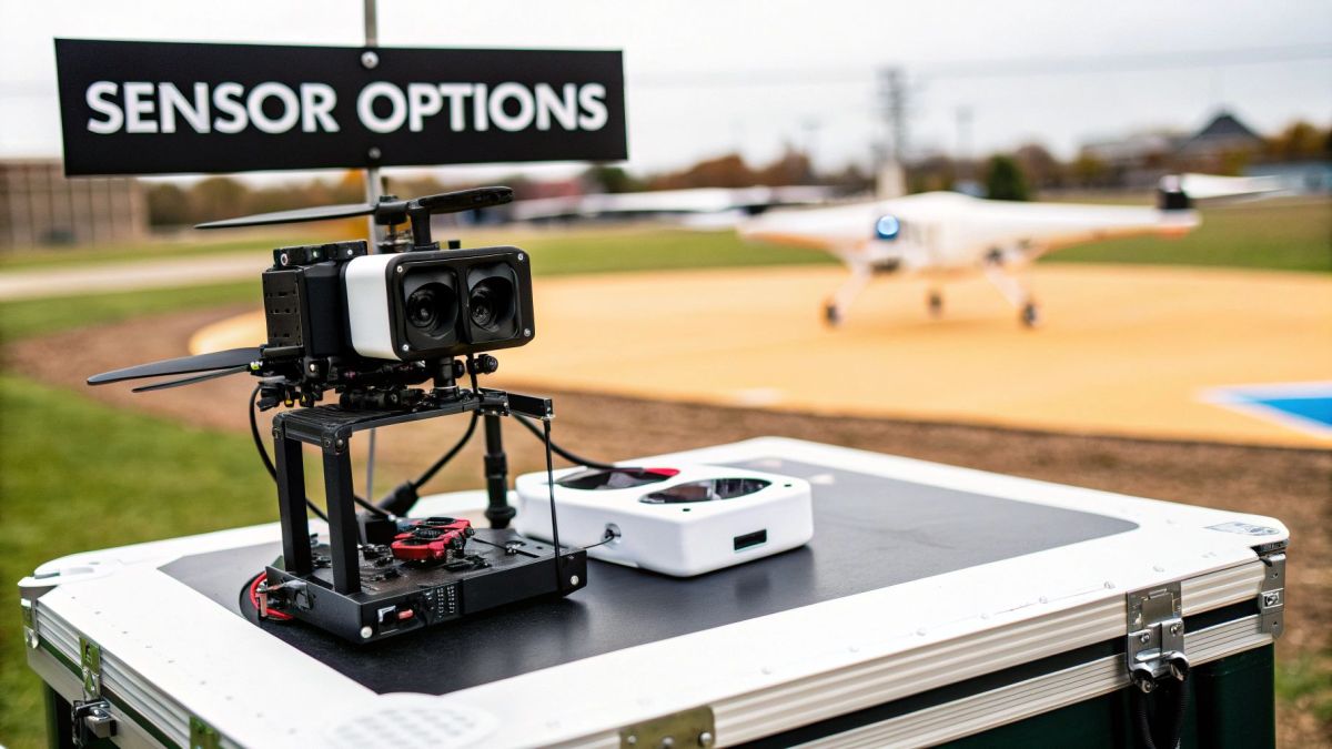 Drone sensor options display with a payload, controller, and an unmanned aerial vehicle in the field.
