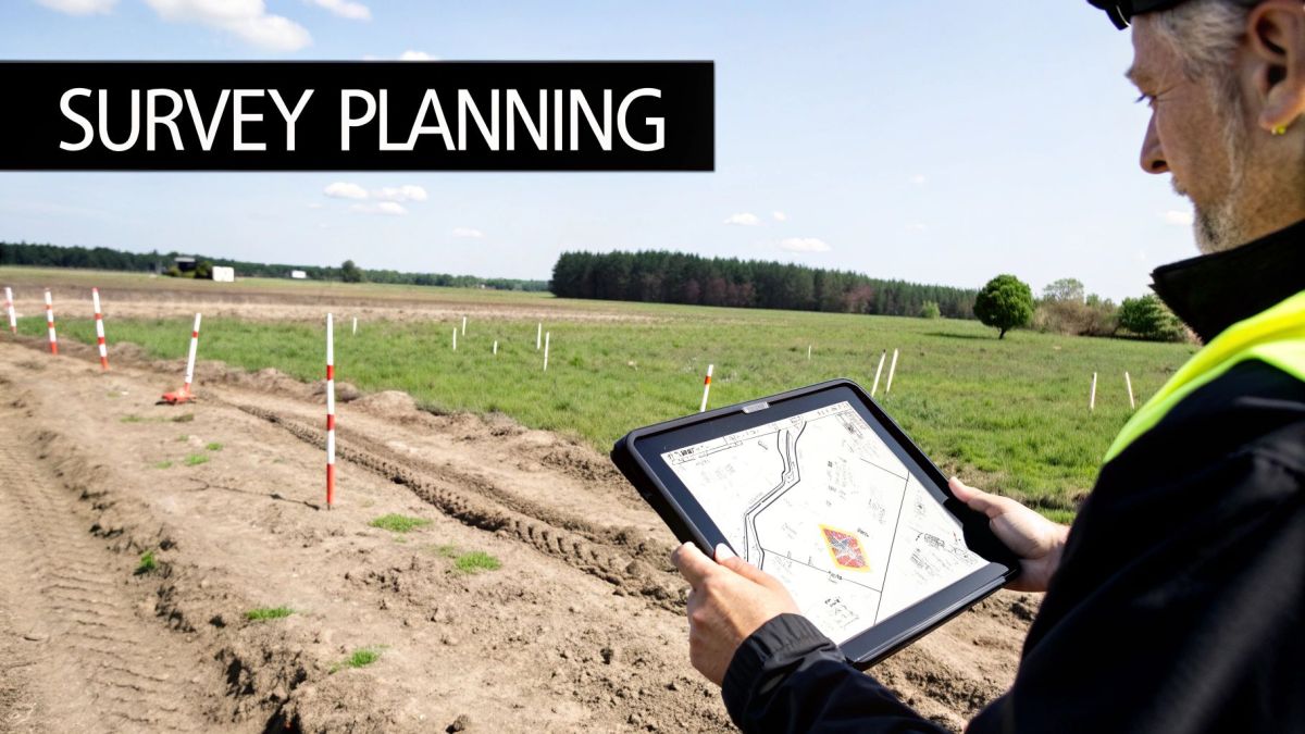 A surveyor in a high-visibility vest reviews a land survey plan on a tablet in an open field.