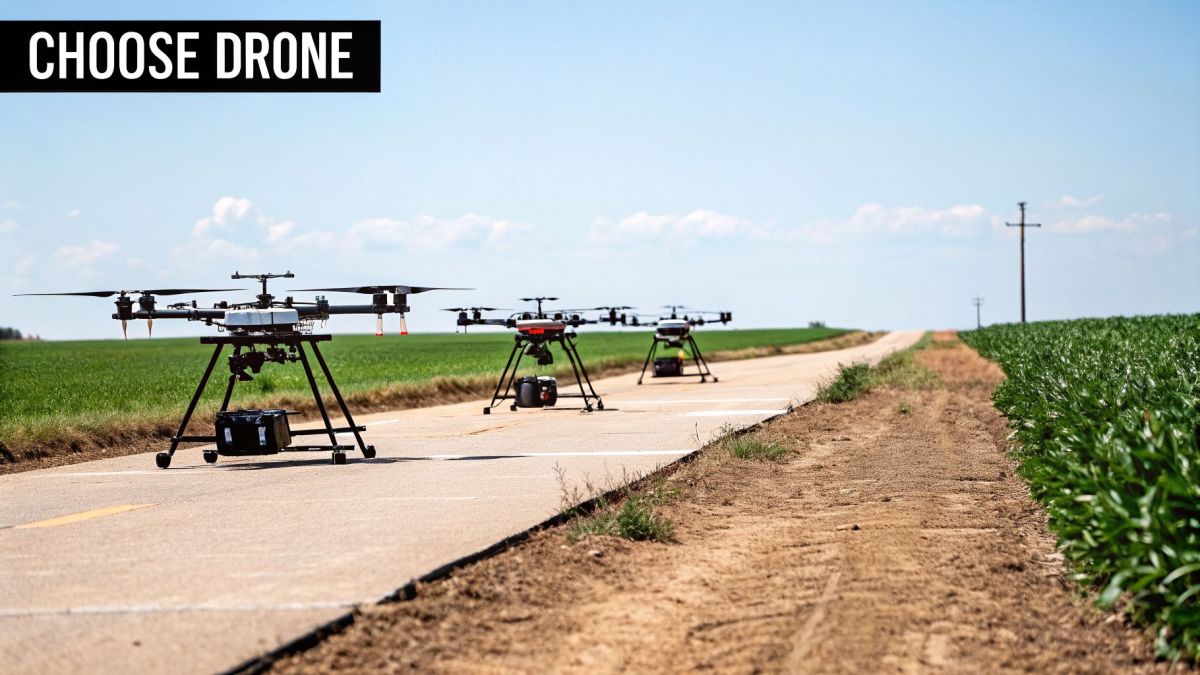 Several large agricultural drones are lined up on a paved road, ready for fieldwork.