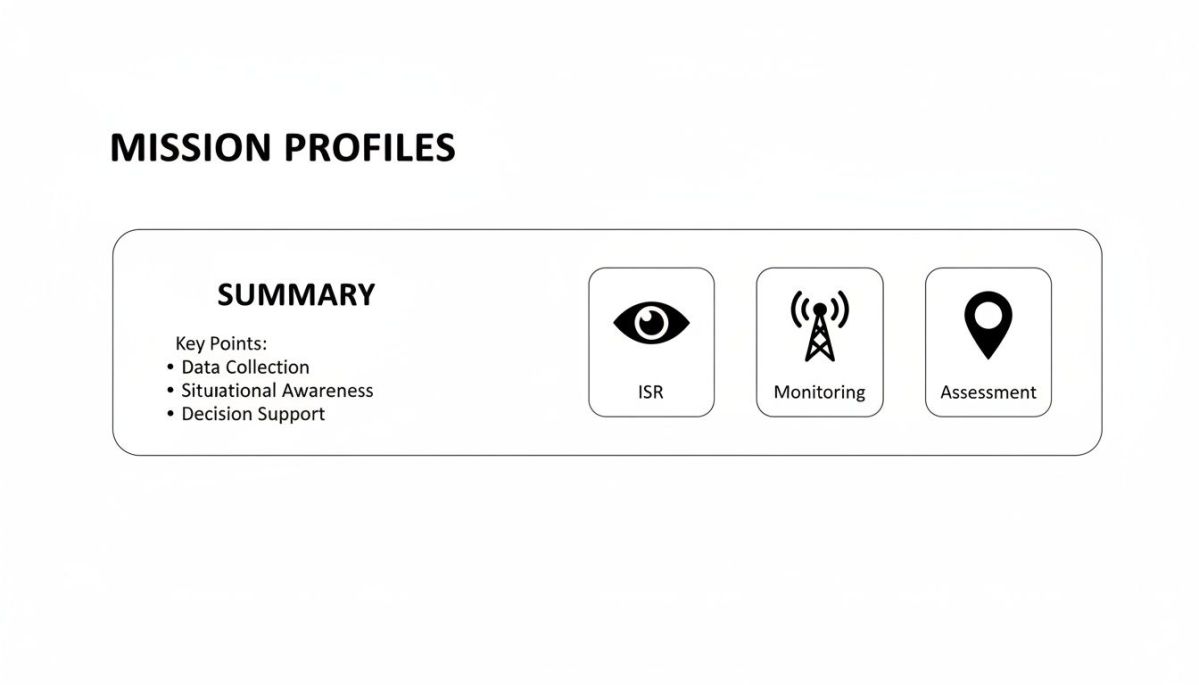 Mission Profiles slide detailing summary points for data collection, situational awareness, decision support, and three key functions: ISR, Monitoring, Assessment.
