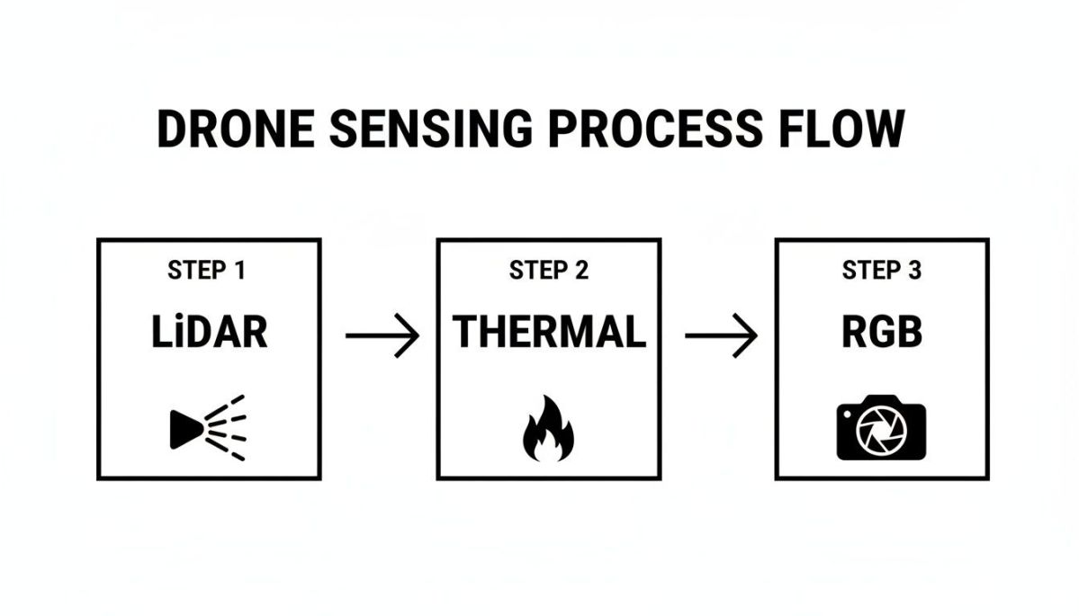 Drone sensing process flow diagram illustrating LiDAR, thermal, and RGB data collection steps.